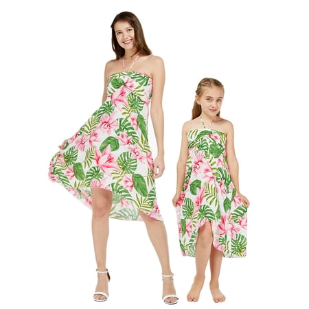 

Matching Hawaiian Luau Mother Daughter Halter Dress in Wispy Cereus Black