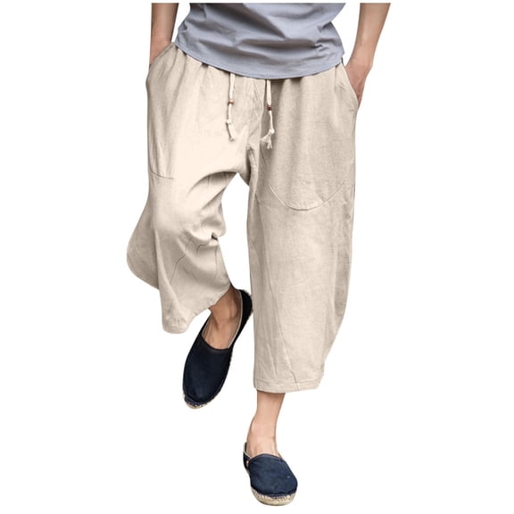 Mens Cotton Linen Capri Pants Light Loose 3/4 Long Shorts Elastic Waist Drawstring Harem Casual Beach Yoga Trousers Cargo Pants for Men