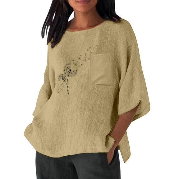 Sakmal Womens Graphic Blouses 3/4 Sleeve Yellow Shirts Crew Neck Blouses for Women Dressy Casual