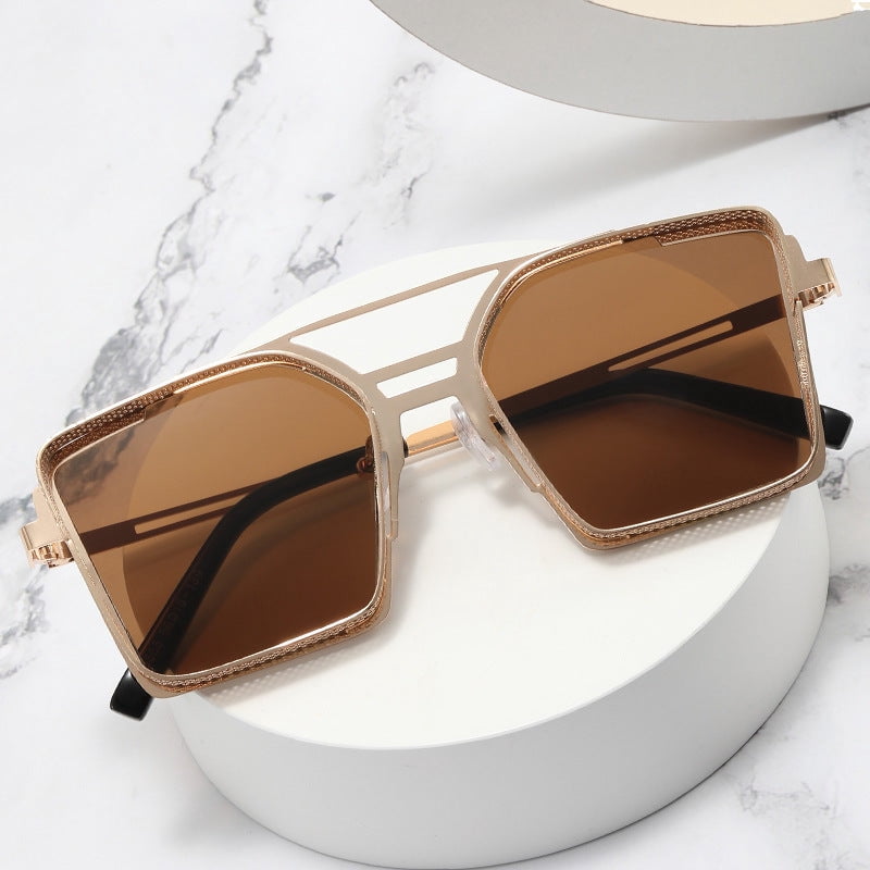 Mens Sunglasses Metal Hollow Square Frame Trendy Double Beam Design for Outdoor Sports Fishing Travel Driving Stage