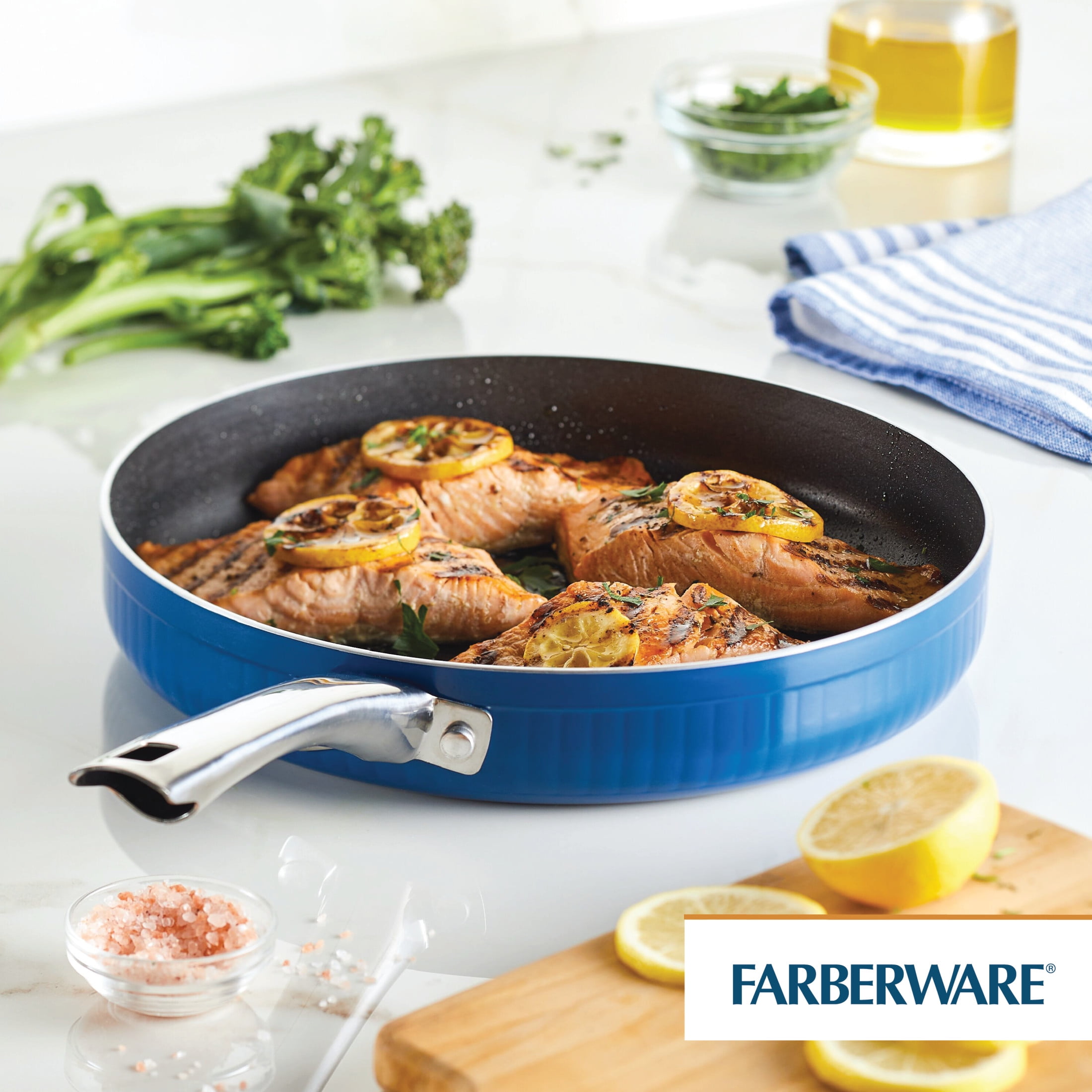 Farberware Style 11.25 Inch Nonstick Deep Round Grill Pan, Dishwasher Safe and Oven Safe to 500°F, Blue