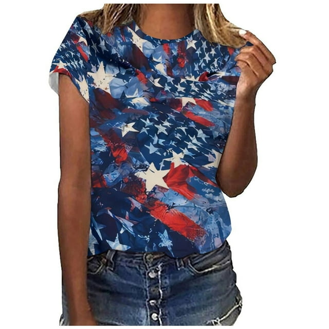 EQWLJWE Hauts d'Été pour Femmes Hauts pour Femmes en Liquidation T-shirt Décontracté pour Femmes Jour de l'Indépendance Imprimé Col Rond Manches Courtes Chandail Blouse Hauts
