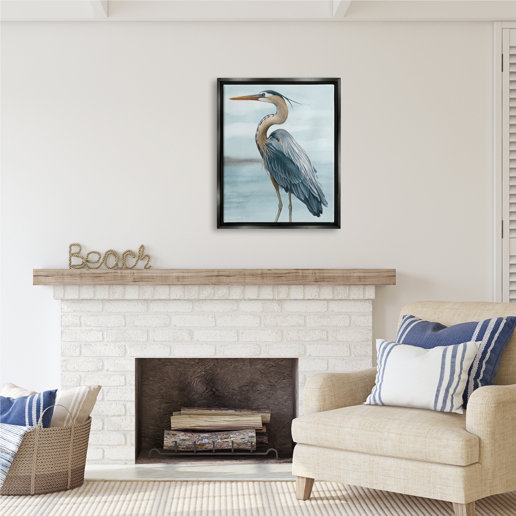 Stupell Industries Heron Bird on Beach Animals & Insects Painting Black Floater Framed Art Print Wall Art, 25 x 31