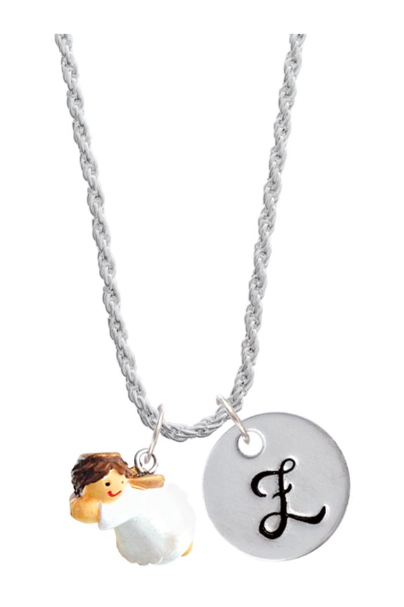 Resin Flying Angel Silvertone Script Initial Disc - Z - Charm Necklace, 20"+3"