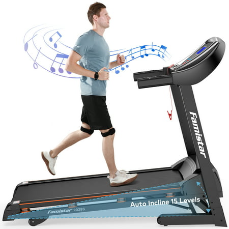 Famistar 3.25 HP Portable Folding Electric Treadmill, Famistar 9028S Auto Incline Treadmill Exercise Running Machine with 15 Levels Power Incline, Built-in MP3 Speaker, Up to 9 mph Speed, Free Knee Strap Gift Exercise Treadmill
