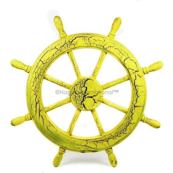 Nagina International Crispy Cracklings Antique Beautiful Vintage Nautical Maritime Genuine Wood Hand Crafted Pirate's Wall Ship Wheel | Home Decor Gifts (18 Inches, Vintage Yellow)