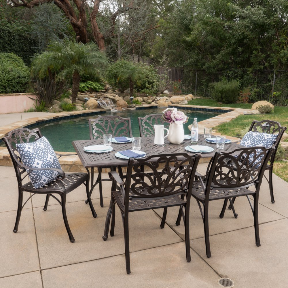 Durham Outdoor 7 Piece Cast Aluminum Rectangular Dining Set, Bronze