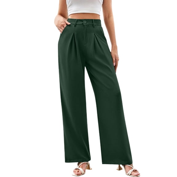 Yuhangmm Women's Pants Women Wide Leg Casual Pants High Waisted Stretchy Business Work Trousers Dressy Outfits with Pockets for Everyday Wear Dark Green L