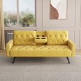 thumbnail image 2 of Futon Sofa Bed, Upholstered Velvet Sofa Couch with 2 Cup Holders for Living Room, Bedroom, Office, Small Spaces, Yellow, 2 of 7