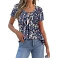 thumbnail image 2 of KISSMODA Womens T Shirts Short Sleeve Pleated Floral Tunic Tops Dressy Casual Crew Neck Summer Boho Tops Blouses, 2 of 5