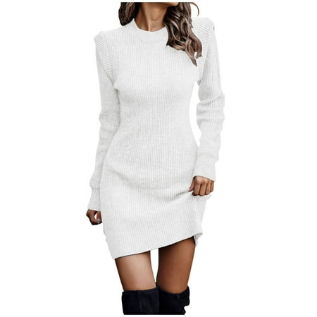 Olyvenn Womens Tunic Hip Wrap Knitted Sweater Bodycon Dress Fashion Classic Solid House Dress Mock Neck Ruched Warm Slim Fit Casual Flowy Smocked Raglan Cap Long Sleeve Prom Dress White 4