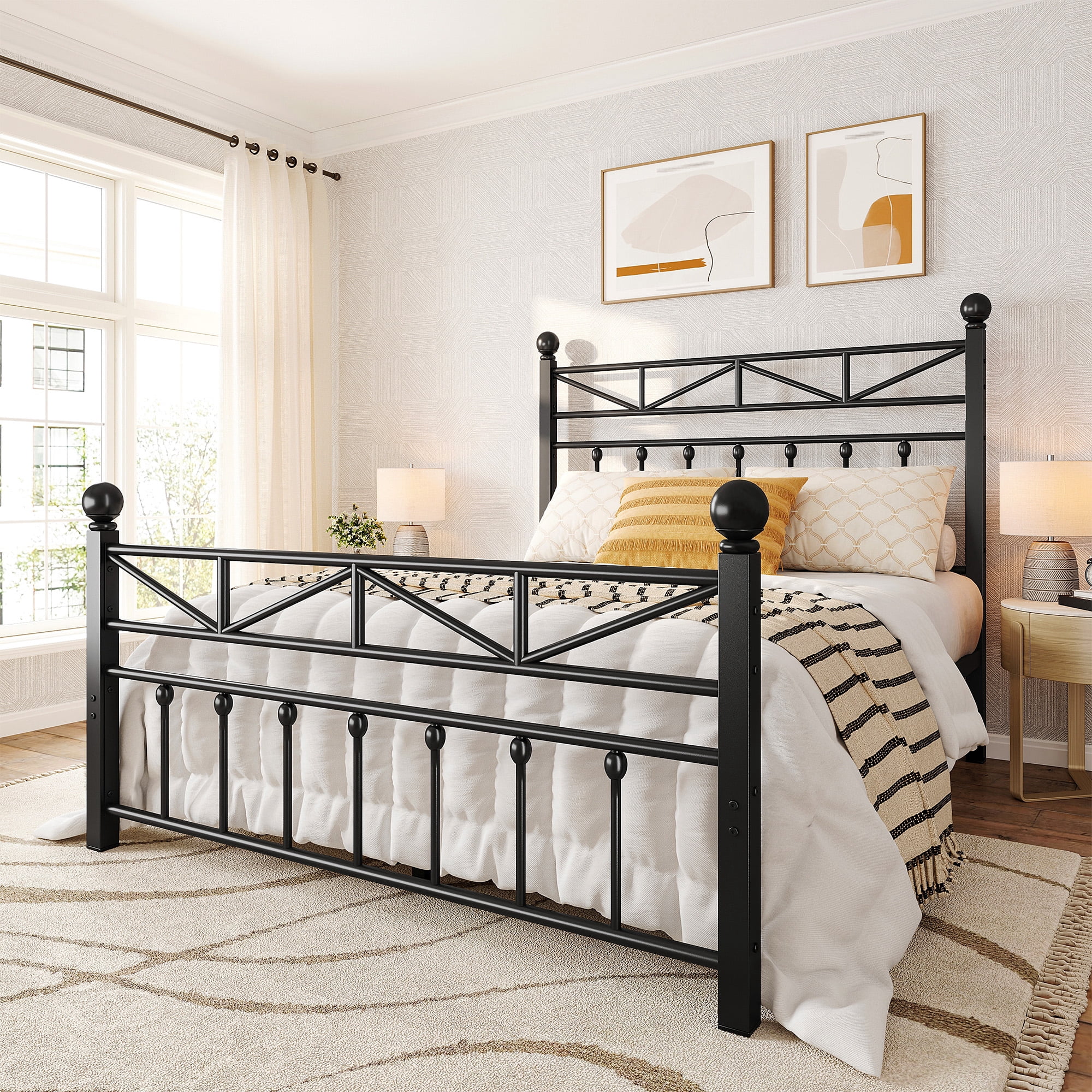EnHomee Full Size Metal Platform Bed Frame Metal Bed Frame Full with Headboard & Footboard Bed Frame with LED Lights & Storage, Noise Free, Black