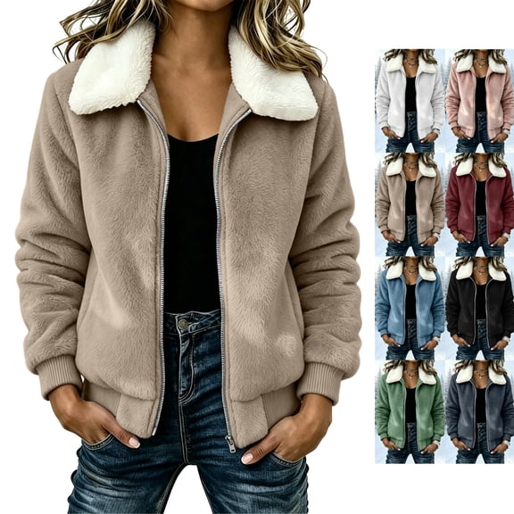 Women's Fuzzy Fleece Jackets Long Sleeve Zip Up Sherpa Lapel Thick Coat Loose Fit Soft Warm Fall Winter Casual Outerwear with Pockets White