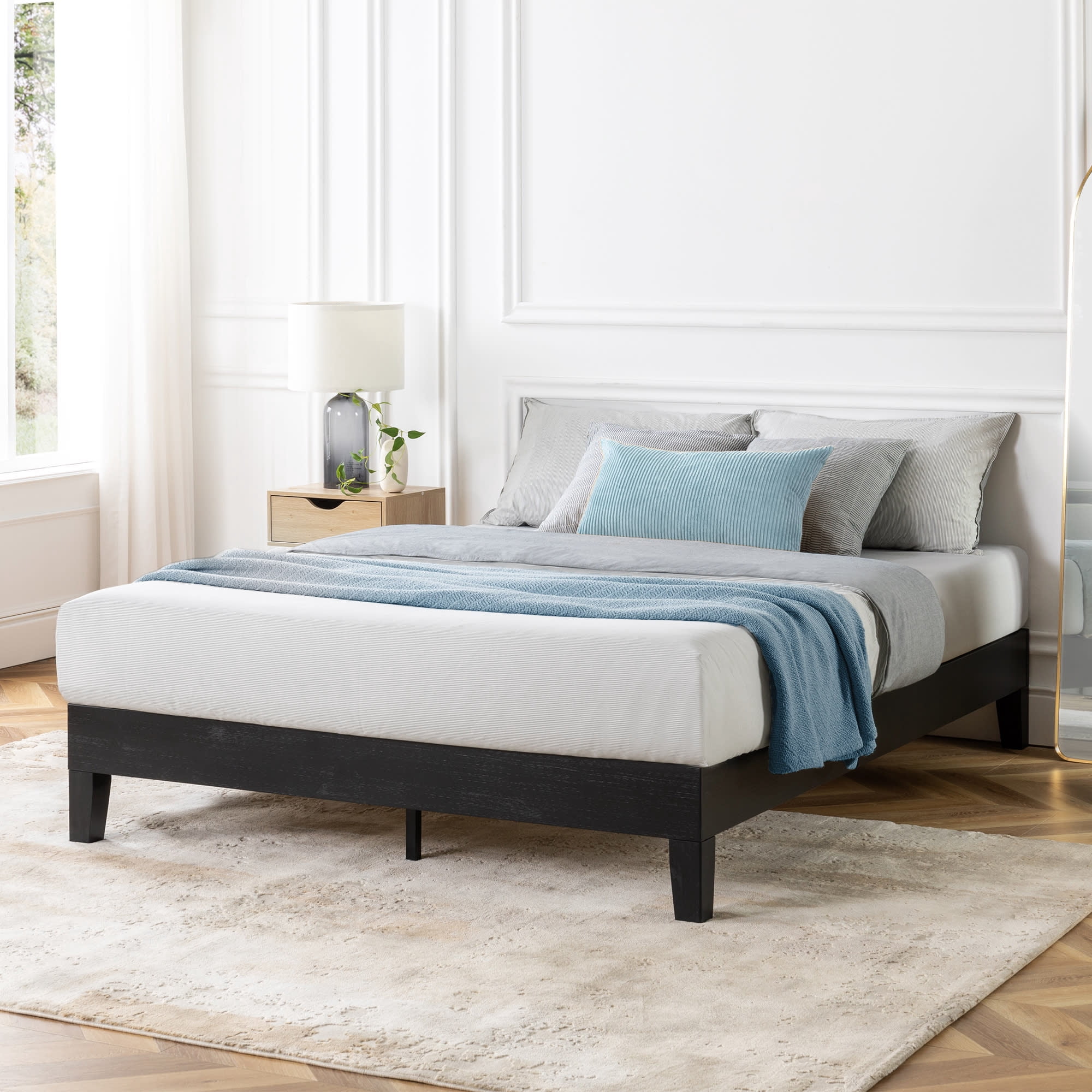 Mellow Naturalista Grand 12 Inch Solid Wood Platform Bed with Wooden Slats, King, Black