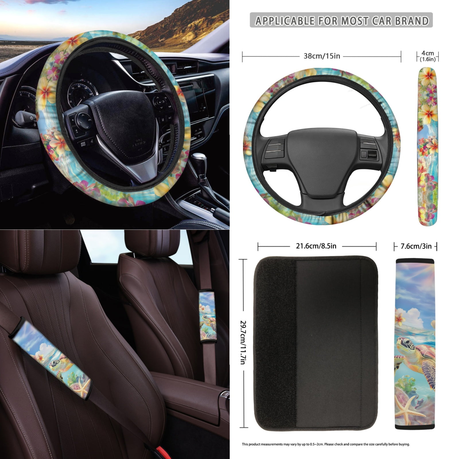 Renewold Sea Turtle Plumeria Starfish Car Front Seat Covers Set 12 Pack, with Steering Wheel Rear View Mirror Cover Seat Belt Pads Armrest Prorector Trash Bin Sunglass Pocket Coasters Key Chain