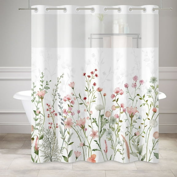 Mizhona Pink Wildflower Hookless Shower Curtain with Snap in Liner，Vintage No Hooks Fabric Bath Curtain,71"× 74"