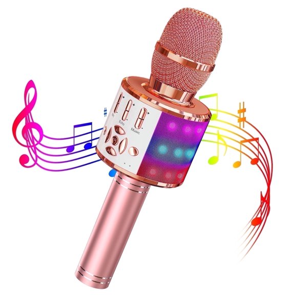 BONAOK  Wireless Karaoke Microphone, Portable Karaoke Machine with LED Lights, Bluetooth Microphone Singing Gift for Kids Adults, Rose Gold