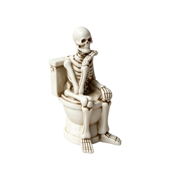 Halloween Skeleton Decor Sitting on Toilet, 1 Piece White Resin Figurine with Hand on Chin, for Bathroom and Desk Decoration