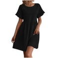 thumbnail image 1 of Daiosportswear Robe d'Été pour Femmes Col Rond Manches Courtes Mélange Coton Lin Ample Couleur Unie Poche Mode Jupe Mini, Robe Manches Courtes Noire G(L), 1 of 7