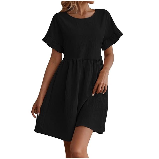 Daiosportswear Robe d'Été pour Femmes Col Rond Manches Courtes Mélange Coton Lin Ample Couleur Unie Poche Mode Jupe Mini, Robe Manches Courtes Noire G(L)