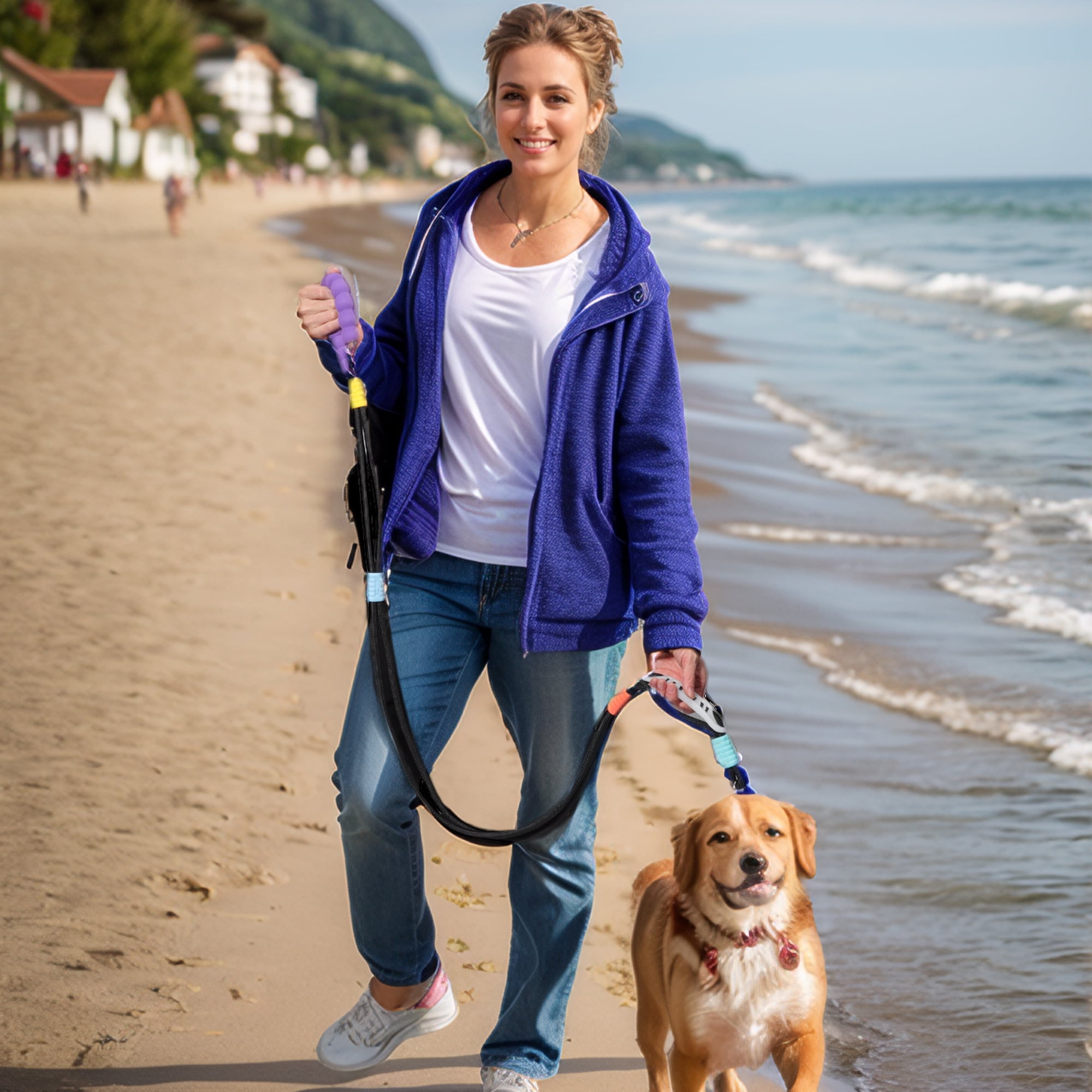 Unique Bargains Hands-Free Double Handle Dog Leash 5ft Heavy Duty Padded Waist