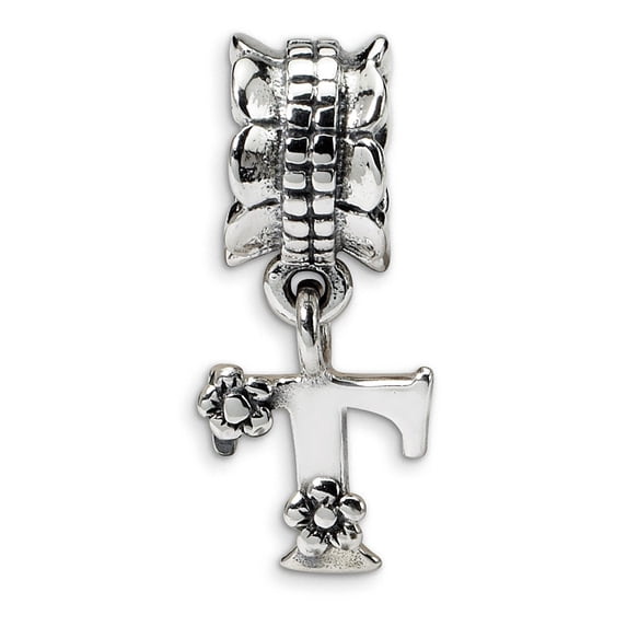 Solid 925 Sterling Silver Reflections Letter T Dangle Bead (7.3mm x 18.2mm)