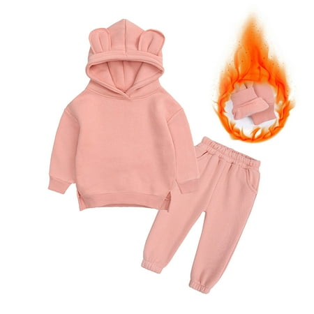 

Yubatuo Children s Hooded Round Neck Hooded Ear Hat Sweater Pants Two-piece Set Pink 160