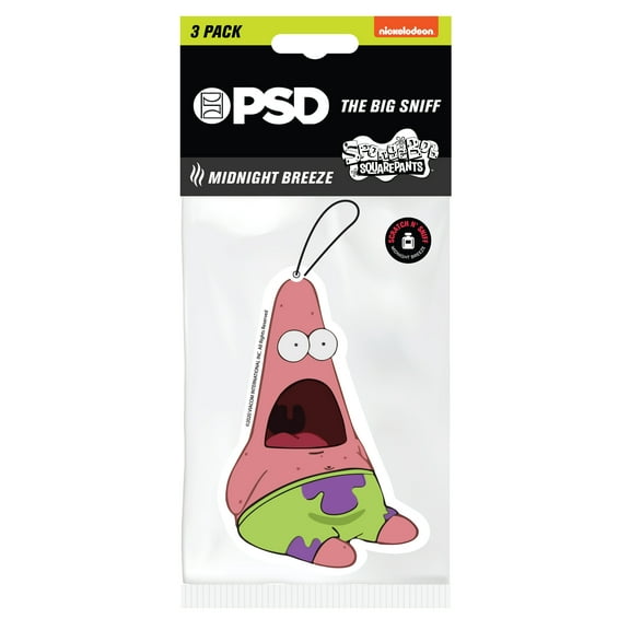 PSD Sponge Bob Patrick Shock Hanging Automotive Air Freshener 3 Pack is infused with long-lasting Midnight Breeze Scent