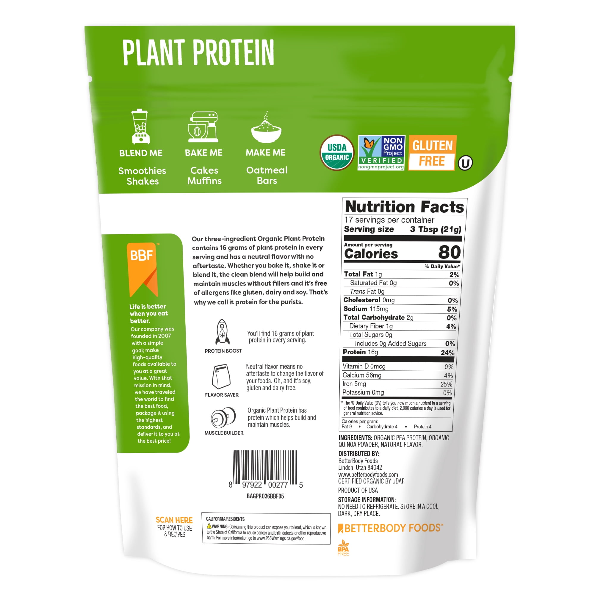 BetterBody Foods Organic Plant Based Protein Powder, 16g of Protein 24% DV, Vegan, 12.7 oz