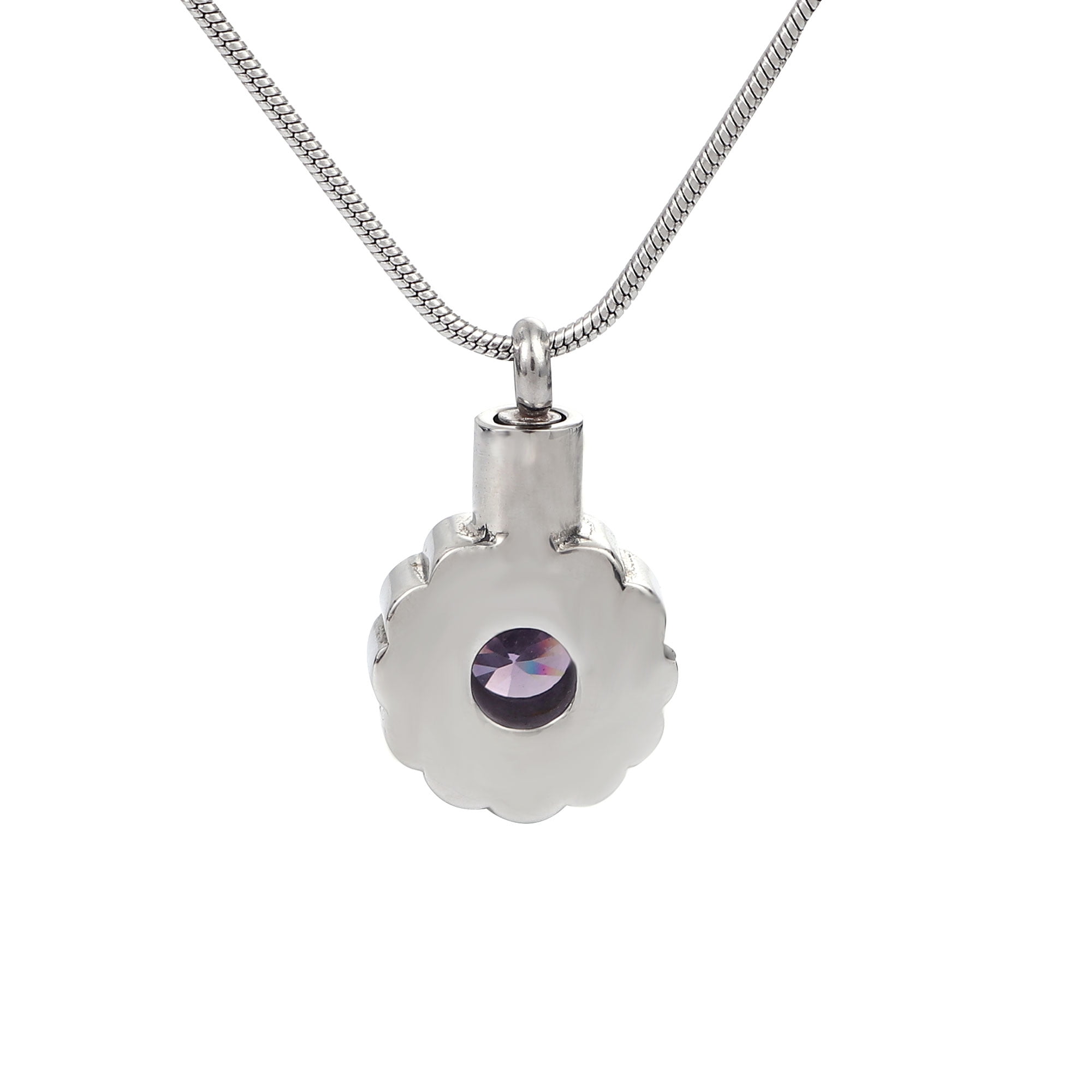 Round Purple Beautiful Crystal Rhinestone Flower Cremation Urn Necklace for Ashes Stainless Steel Memorial Pendant Keepsake Jewelry with Free Funnel Kit and Velvet Jewelry Box