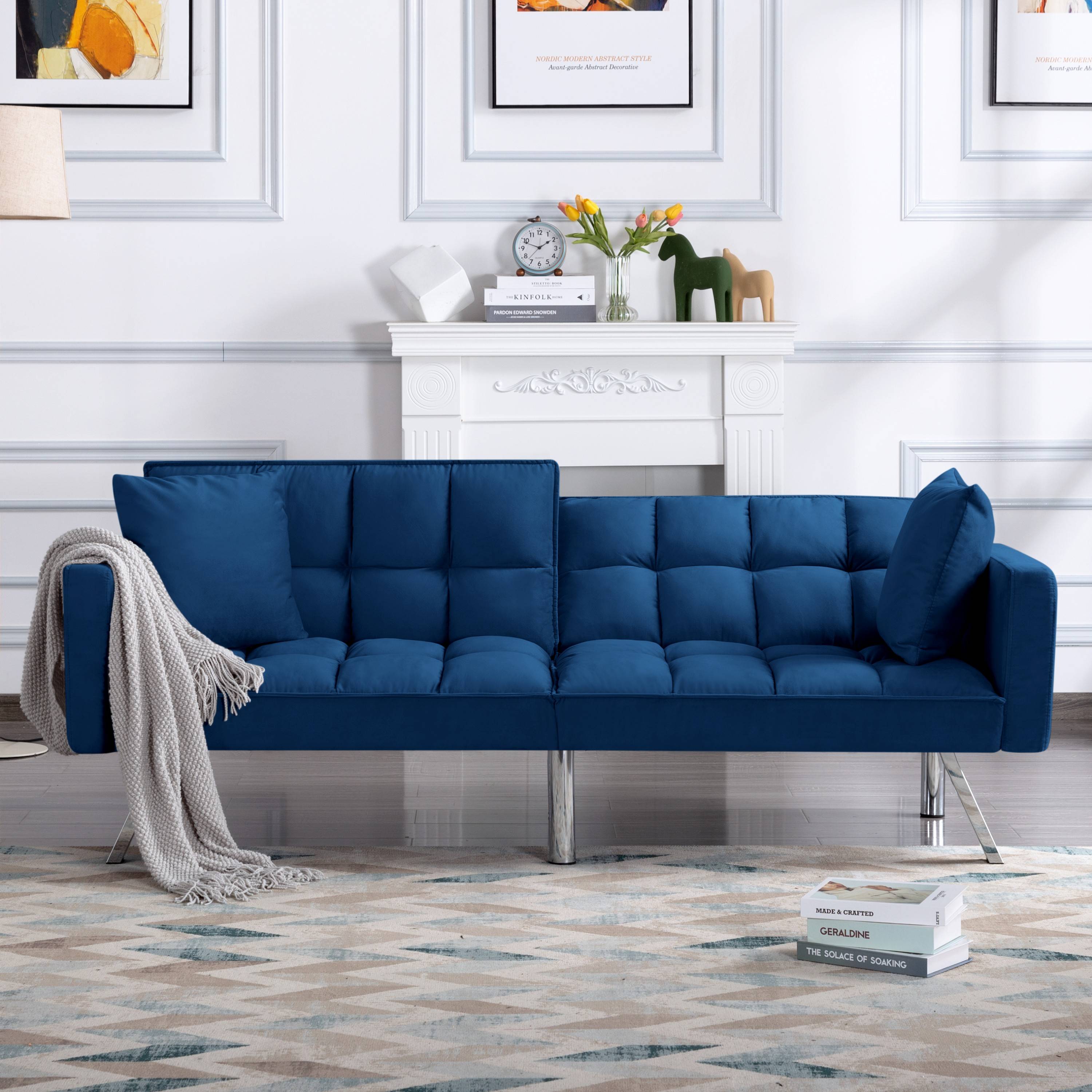 BSHTI 74” Twin Size Futon Sofa Bed,Square-tufted Upholstery Futon Sleeper,Velvet Fabric Sleeper Sofa,for Home,Office,and Guest Room,Navy Blue
