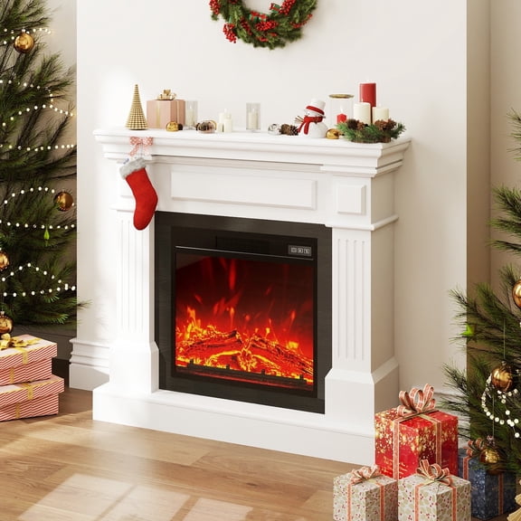 FURRYFECTION 35" Electric Fireplace with Mantel, Freestanding Fireplace Heater TV Stand with Adjustable 3D Flame, Remote Control, 1500W, White