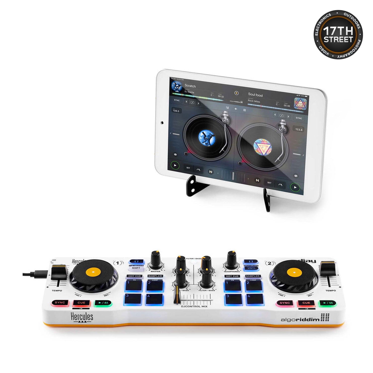 Hercules DJ Control Mix - Blue Wireless Bluetooth DJ Controller with Over Ear Headphones (Black), Waith Control Mix Case and Waith Cleaning Cloth - Algoriddim djay Software Included (Bundle Set)