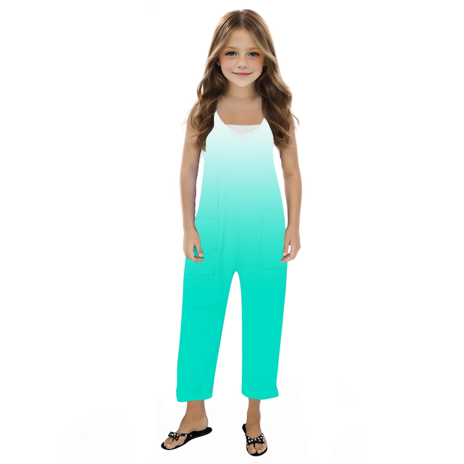 YABCSAZ Girl's Jumpsuit Sleeveless Spaghetti Strap Romper Kids Clothes Infants Baby Outfits Casual Loose Summer Jumpsuit Baggy Wide Leg Romper with Pockets Size 7 Years