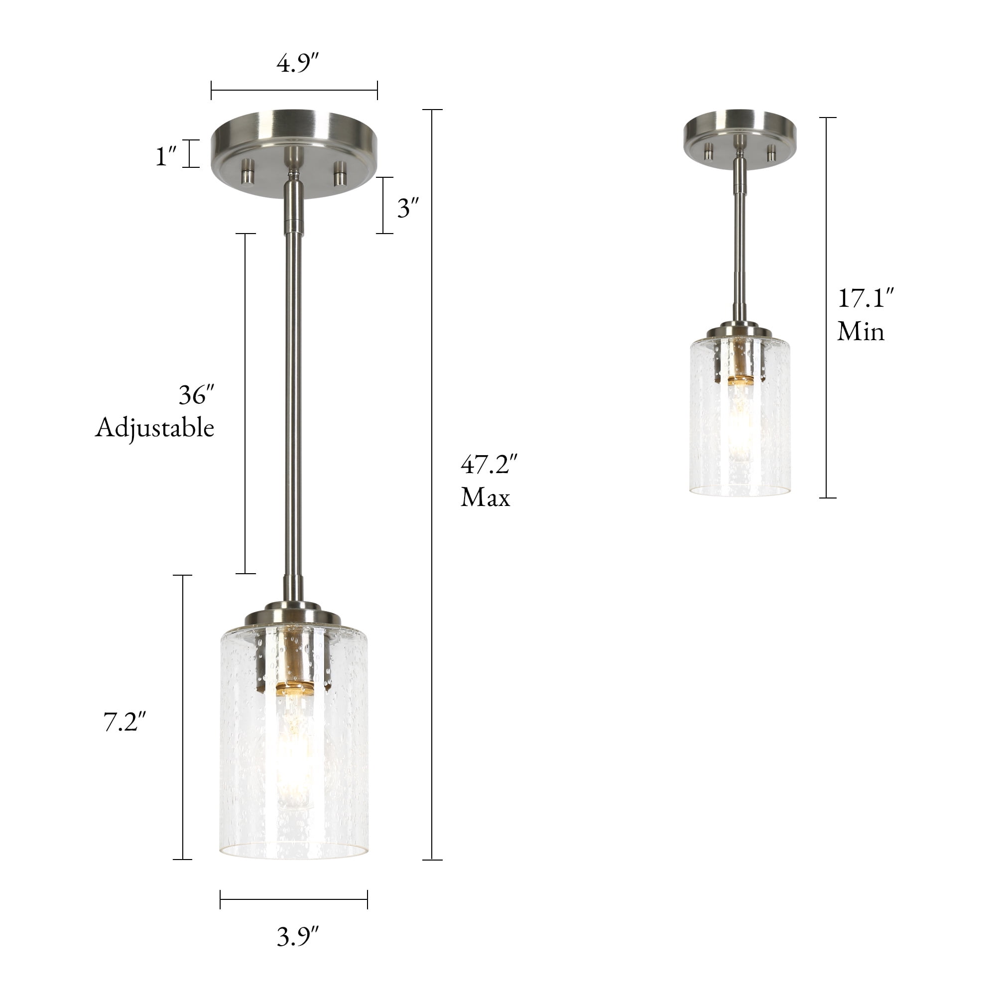 LNC 1-Light Mini Nickel Pendant Light,Cylinder Seeded Glass,60W Medium Base,Dimmable,Adjustable Height,for Kitchen Island,Sink