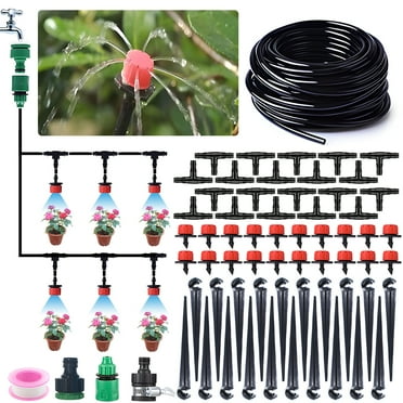Drip Irrigation System Kit - 49FT Automatic Irrigation System Patio Misting Plant Watering System with 4/7-inch Irrigation Tubing Hose Adjustable Nozzle Emitters Fittings