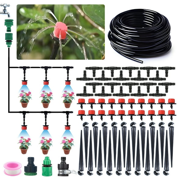 Drip Irrigation System Kit - 49FT Automatic Irrigation System Patio Misting Plant Watering System with 4/7-inch Irrigation Tubing Hose Adjustable Nozzle Emitters Fittings for Garden / Greenhouse /