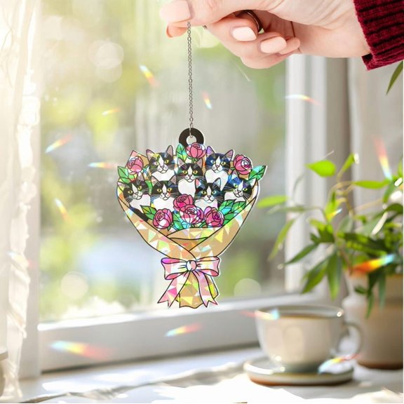 ViciArt Tuxedo Cat Bouquet Suncatcher – 4" Holographic Acrylic Window Hanging, Floral Cat Decor Gift