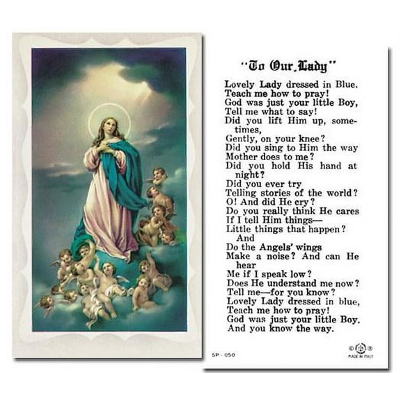 Lovely Lady Dressed in Blue Catholic Prayer Holy Card with Prayer on Back, Pack of 100