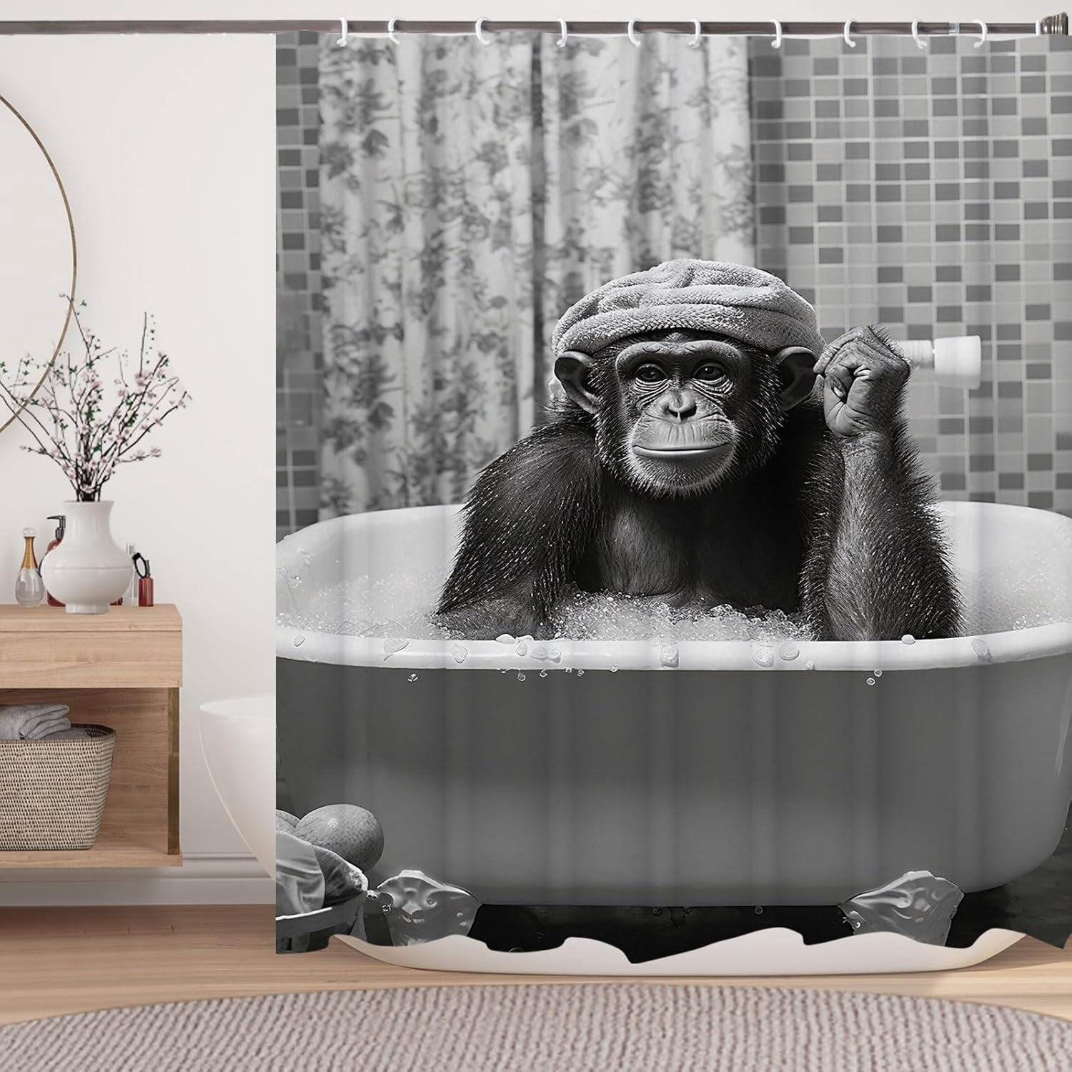 Funny Monkey Shower Curtain, Black and White Fun Animal in Bathtub, 72x72 Humorous Shower Curtain Set, Gray Style Bathroom Decor Curtain with Shower Hooks 36X72inches