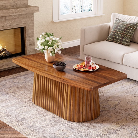 Finmind 47.24- inch Coffee Table with Fluted Pedestal, Mid Century Modern Center Table, Unique Boat-Shaped Farmhouse Accent Living Room Table, Brown