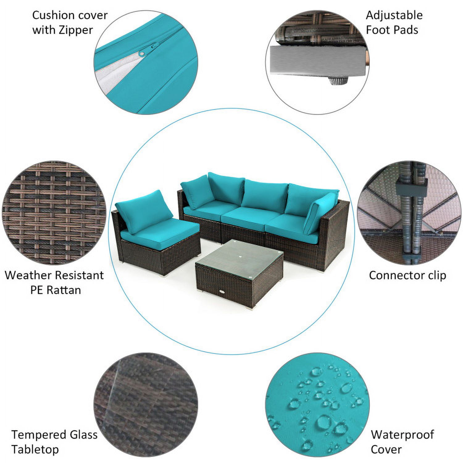 Aimee Lii 5 Pieces Cushioned Patio Rattan Furniture Set with Glass Table, Outdoor Patio Set, Turquoise Aimee Lii 5 Pieces Cushioned Patio Rattan Furniture Set with Glass Table, Outdoor Patio Set, Turquoise