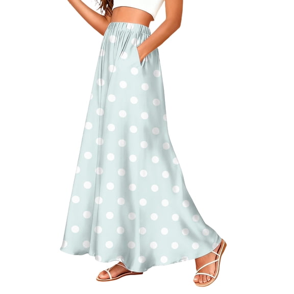 LWavelet Women Polka Dot Print Maxi Skirt Elastic Waist With Pockets Cute Summer Long Skirt Sky Blue L