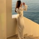 thumbnail image 5 of Vestidos largos de satén con manga acampanada y cuello redondo para mujer, vestidos de fiesta de noche ajustados con cordones, moda Simple y elegante, Sexy, nuevo, 2024, 5 of 5