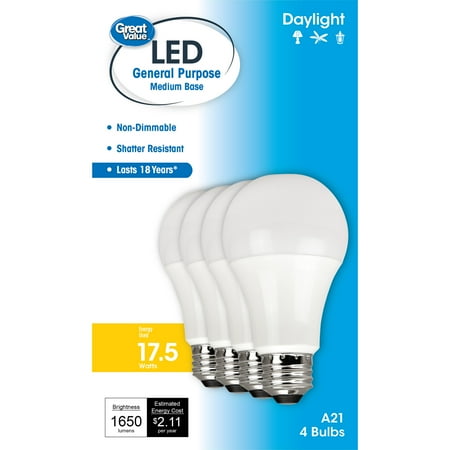 

Great Value LED Light Bulb 17.5W (100W Equivalent) A21 General Purpose Lamp E26 Medium Base Non-dimmable Daylight 4-Pack