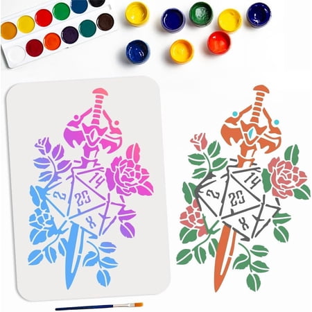 Dagger Dice Flower Stencil 8.3×11.7inch Dice Sword Stencil with Paint Brush Reusable Rose Flower Sword Template for Painting on Wood Canvas Paper Fabric Walls Furniture DIY