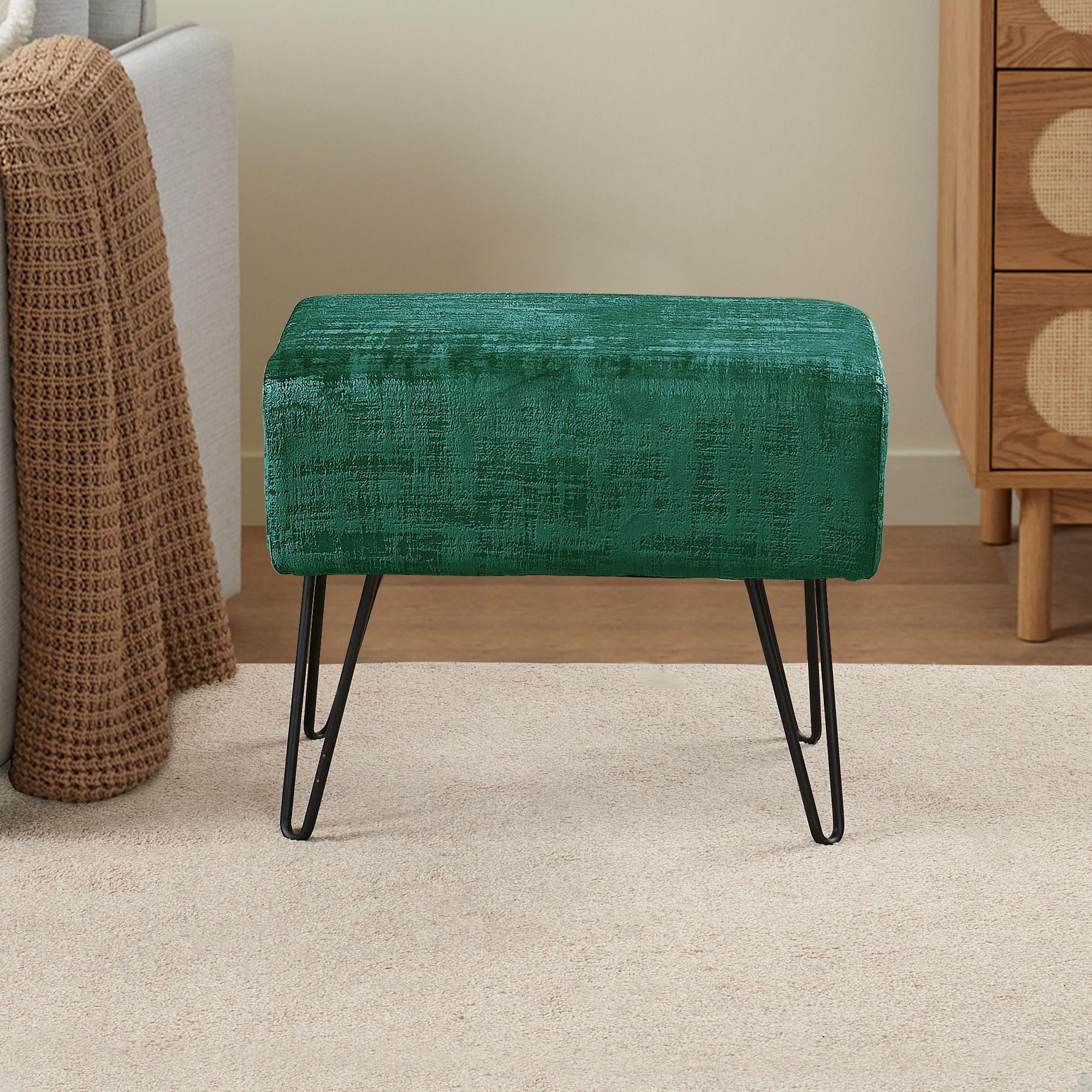 Home Soft Things Textured Velvet Ottoman Stool Chair, Upholstered Footrest with Black Metal Legs, Eden, 19" x 13" x 17"
