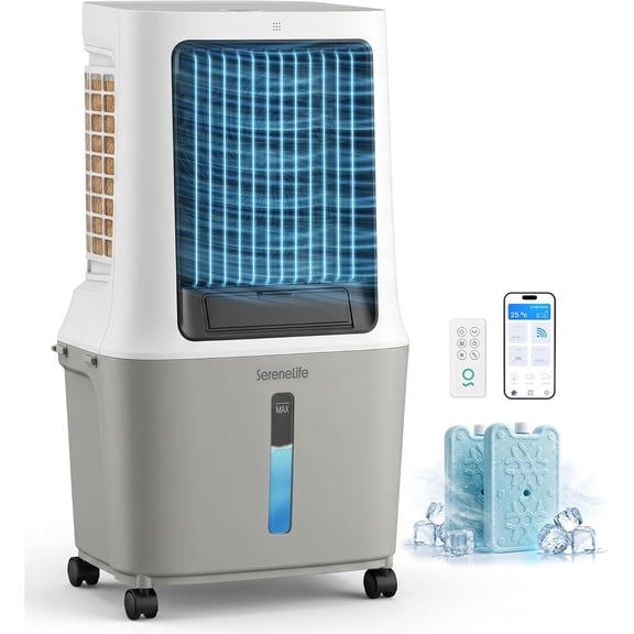 SereneLife Portable Swamp Cooler Air Conditioner - 2500 CFM Airflow, 8 Gallon Water Tank Portable Evaporative Air Cooler for Room & Outdoors, WiFi, Humidifier & Fan Modes, Ice Packs & Remote Included