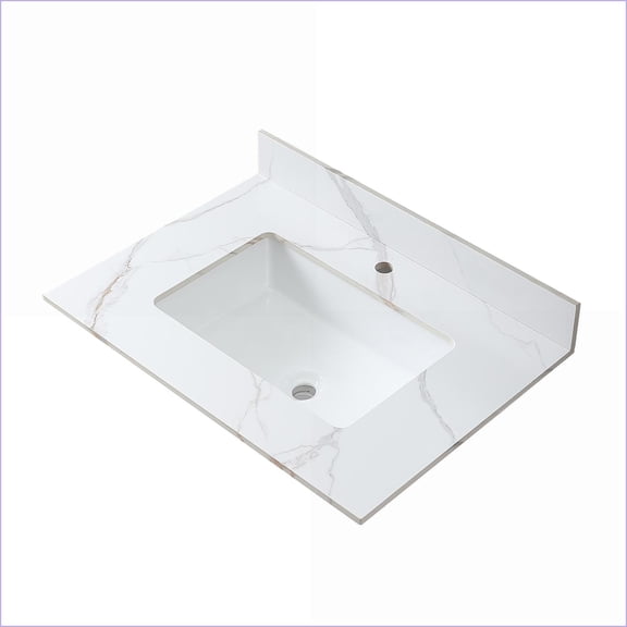 Bathroom Vanity Top 31” x 22”, Carrara Gold Sintered Stone with Undermount White Ceramic Sink & Backsplash, Fits 30” Cabinets | Sintered Stone | White