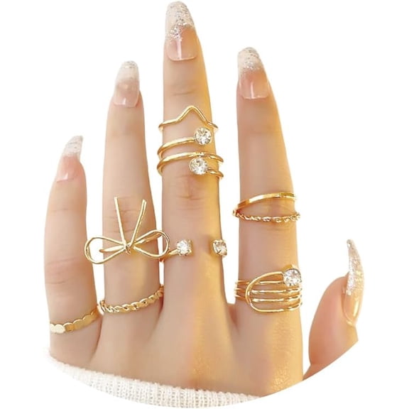 8PCS Gold Bow Ring Sets for Women Gold Knuckle Rings,Boho Vintage Stackable Finger Rings,Midi Hollow Rings Pack Irregular Adjustable Open Bow Rings